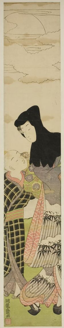 Woman Wearing Black Hood Speaks to Young Boy, c. 1772. Creator: Isoda Koryusai