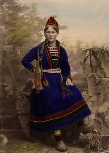 Woman wearing Sami costume - Inga Åren, Frostviken, Lapland, 1870-1898. Creator: Helene Edlund