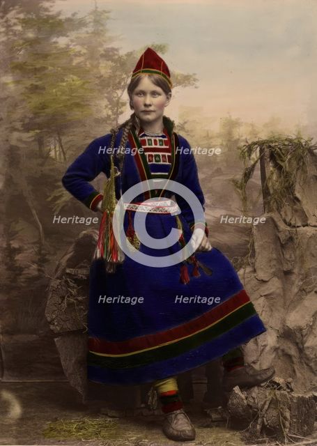 Woman wearing Sami costume - Inga Åren, Frostviken, Lapland, 1870-1898.  Creator: Helene Edlund.