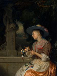 Woman Weaving a Crown of Flowers, c. 1675/1680. Creator: Godfried Schalcken
