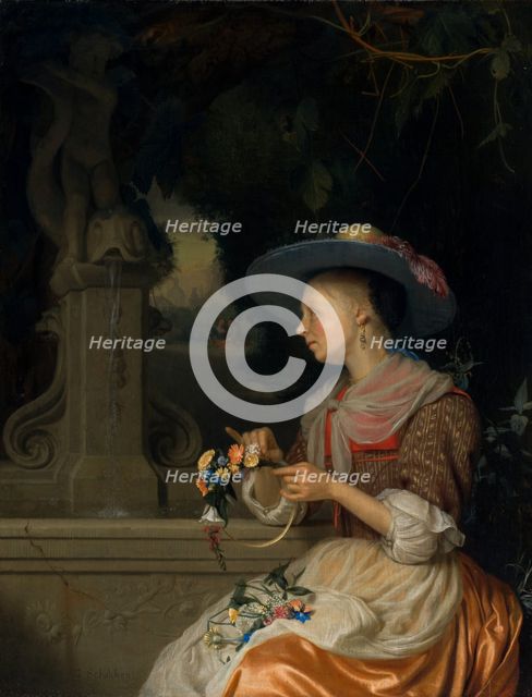 Woman Weaving a Crown of Flowers, c. 1675/1680. Creator: Godfried Schalcken.