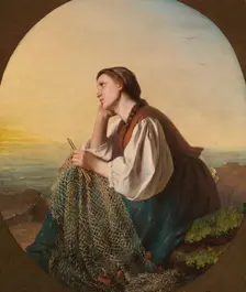 Woman weaving a fishing net, 1863. Creator: Ida Silfverberg