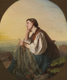 Woman weaving a fishing net, 1863. Creator: Ida Silfverberg