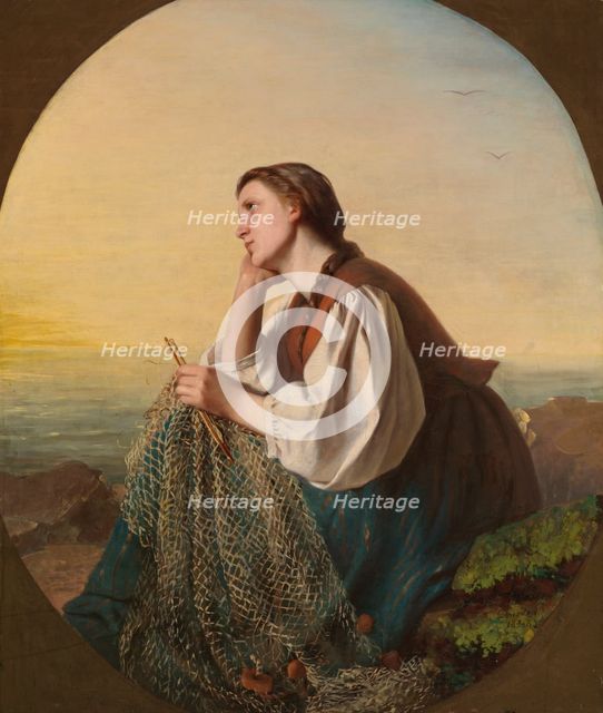 Woman weaving a fishing net, 1863. Creator: Ida Silfverberg.