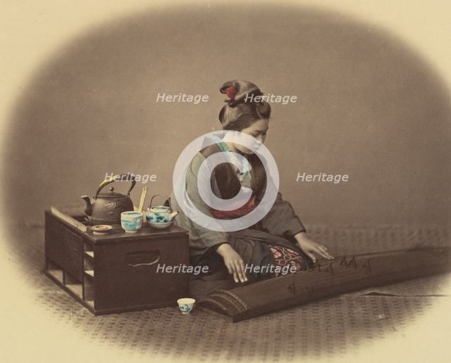 Woman with Tea Set Playing the Koto, ca. 1860. Creator: Felice Beato.