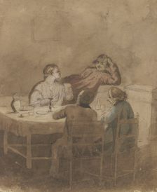 Woman with three men at a table by candlelight. Creator: Unknown