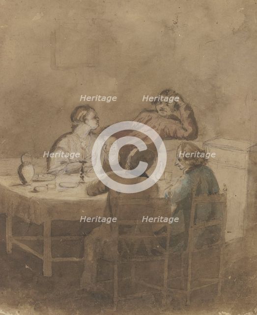Woman with three men at a table by candlelight. Creator: Unknown.