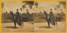 Woman with top hat on horseback, about 1860. Creator: Unknown
