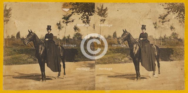 Woman with top hat on horseback, about 1860. Creator: Unknown.