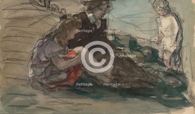 Woman with two children along the waterfront, 1881-1927. Creator: Johan Antonie de Jonge.