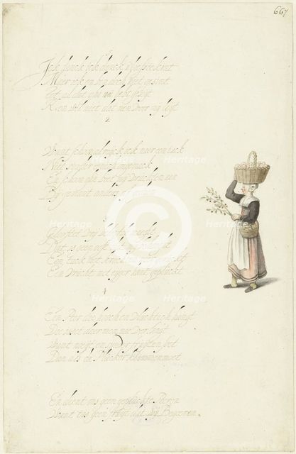 Woman with two baskets of fruit and a cherry tree branch, c.1652. Creator: Gesina ter Borch.