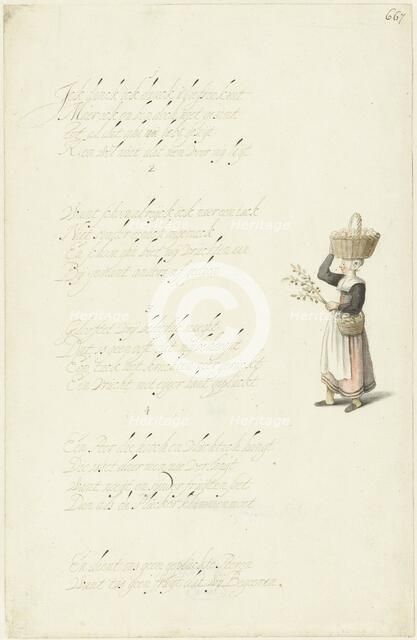 Woman with two baskets of fruit and a cherry tree branch, c.1652. Creator: Gesina ter Borch.