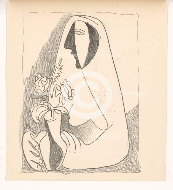 Woman with a bouquet in a vase, 1938. Creator: Mikulas Galanda.