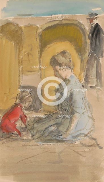 Woman with a child on the beach, 1881-1927. Creator: Johan Antonie de Jonge.