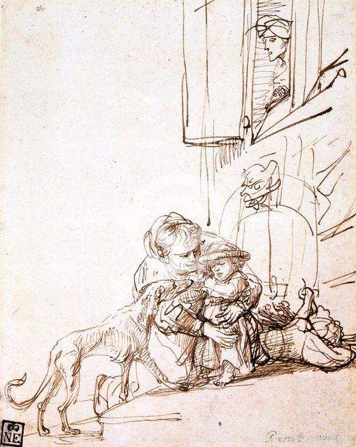 'Woman with a Child Afraid of a Dog', 17th century. Artist: Rembrandt Harmensz van Rijn    