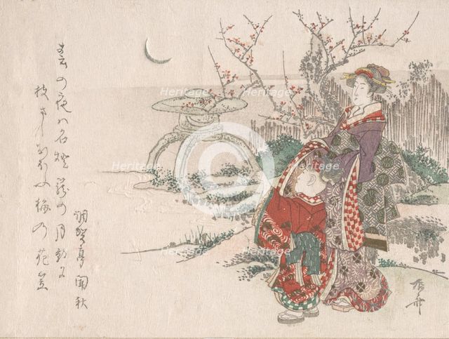Woman with a Child in the Garden Looking at the New Moon, 19th century., 19th century. Creator: Shinsai.