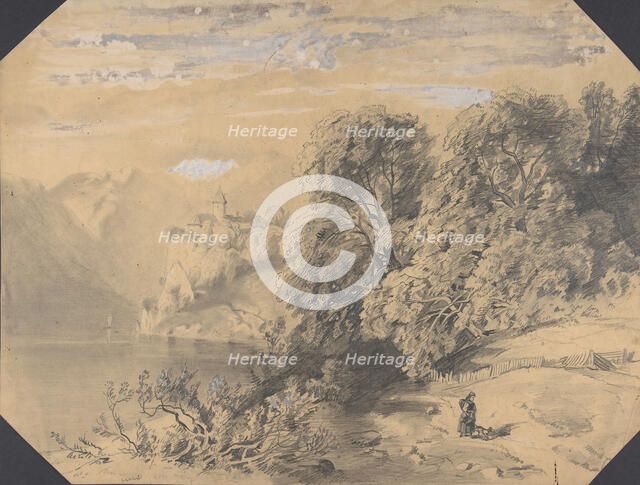 Woman with a dog by a mountain lake, early to mid-19th century. Creator: Alexandre Calame.