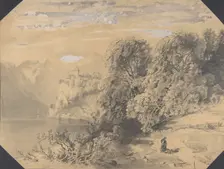 Woman with a dog by a mountain lake, early to mid-19th century. Creator: Alexandre Calame