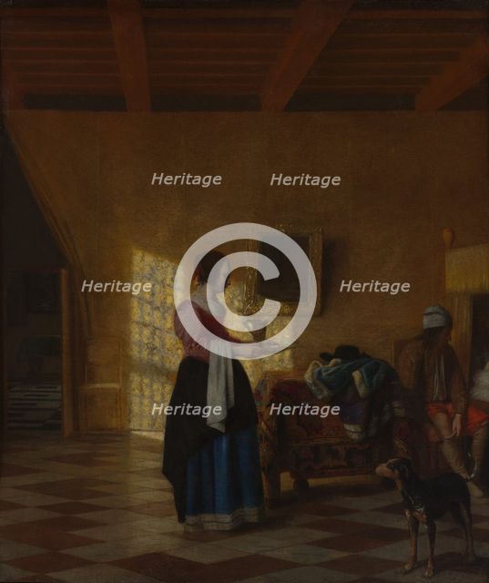 Woman with a Water Pitcher, and a Man by a Bed, ca. 1667-70. Creator: Pieter de Hooch.