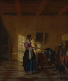 Woman with a Water Pitcher, and a Man by a Bed, ca. 1667-70. Creator: Pieter de Hooch
