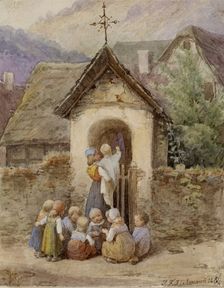Woman with Baby and Group of Children, 1856. Creator: Jakob Dielmann