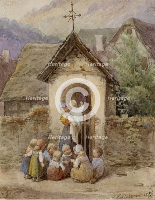 Woman with Baby and Group of Children, 1856. Creator: Jakob Dielmann.
