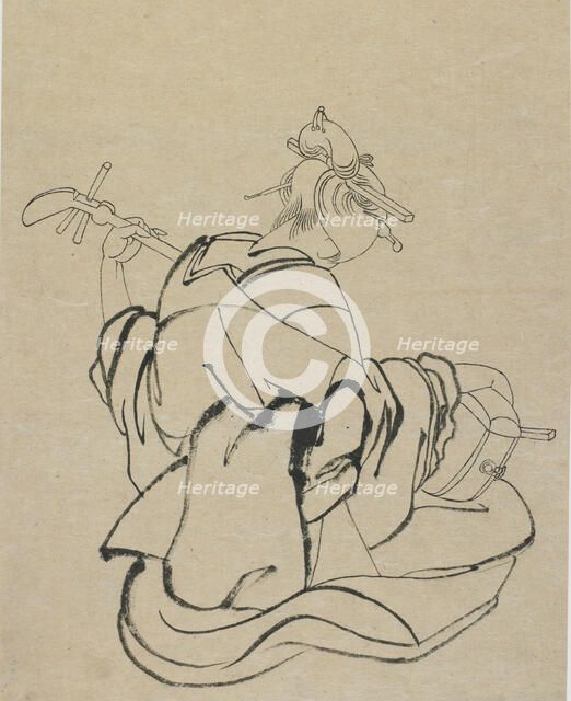 Woman with back to observer playing samisen, late 18th-early 19th century. Creator: Hokusai.