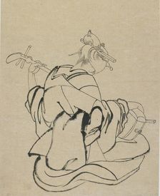 Woman with back to observer playing samisen, late 18th-early 19th century. Creator: Hokusai
