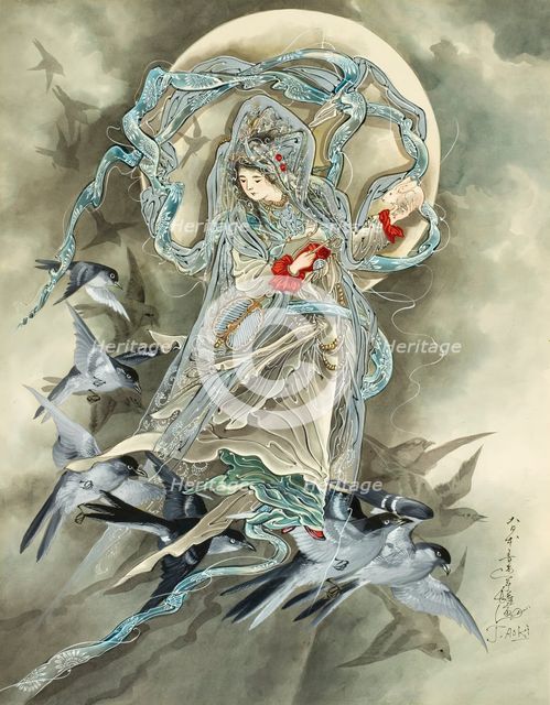 Woman with Birds, 1890s. Creator: Toshio Aoki.