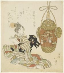 Woman with book sitting next to a New Year pull toy, late 1810s. Creator: Totoya Hokkei
