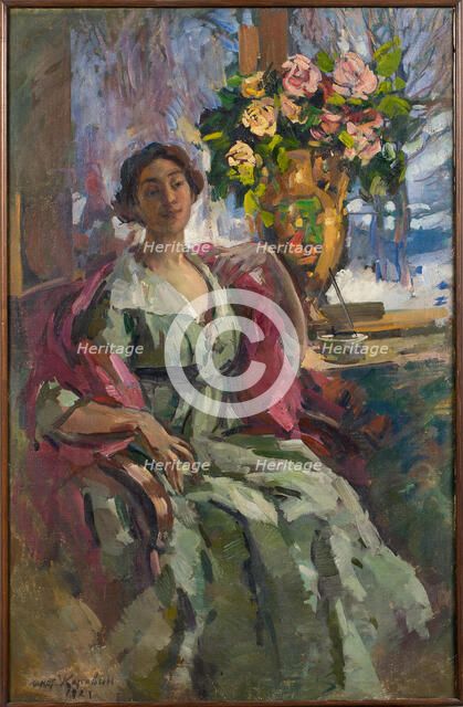 Woman with bouquet of roses, 1921.