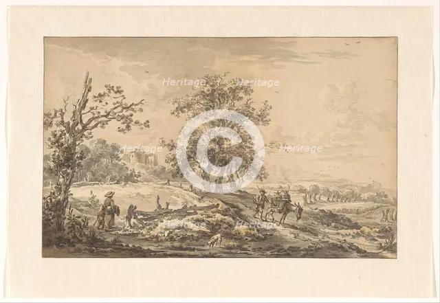 Woman with child and man with donkey in landscape, 1755-1818. Creator: Egbert van Drielst.