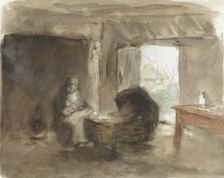 Woman with child near a cradle, 1854-1914. Creator: Albert Neuhuys