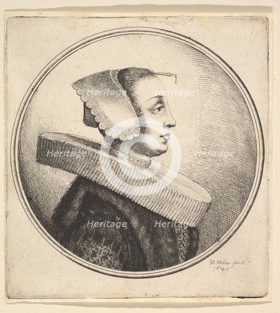 Woman with circular ruff, bonnet and hair-pin, in profile to right, 1645. Creator: Wenceslaus Hollar.