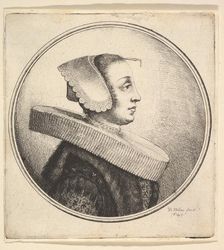 Woman with circular ruff, bonnet and hair-pin, in profile to right, 1645. Creator: Wenceslaus Hollar