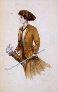 Woman with golf clubs, illustration, c1900