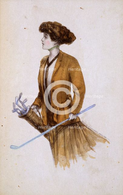 Woman with golf clubs, illustration, c1900. Creator: Unknown.