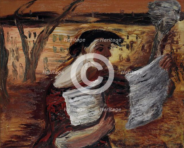 Woman with Leaflets, 1933. Artist: Drevin, Alexander Davidovich (1889-1938)