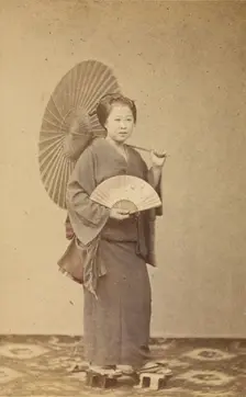 Woman with parasol and fan, about 1868. Creator: Felice Beato