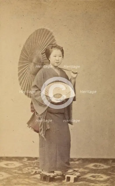 Woman with parasol and fan, about 1868. Creator: Felice Beato.