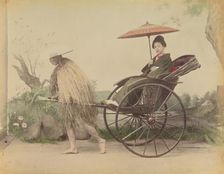 Woman with Parasol Posed Being Pulled in a Jinrikisha by a Man Wearing a Straw Rain Coat,1870s-1890s Creator: Kusakabe Kimbei