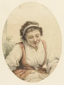 Woman with red cardigan and white ribbon in her hair, 1766-1815. Creator: Jacob van Strij