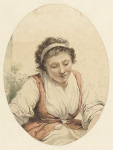 Woman with red cardigan and white ribbon in her hair, 1766-1815. Creator: Jacob van Strij