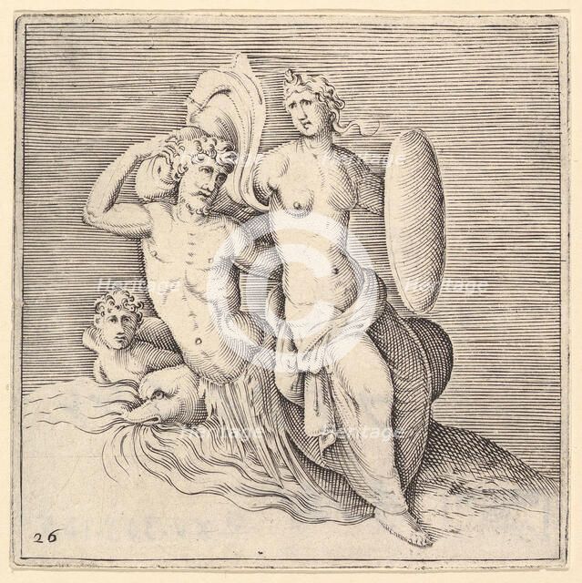 Woman with Shield Seated on Seamonster, published ca. 1599-1622. Creator: Unknown.