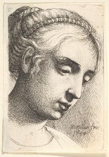 Woman with string of pearls in her hair looking downwards to right, 1645. Creator: Wenceslaus Hollar