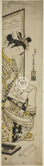 Woman Writing a Letter in Front of a Screen, early 1740s. Creator: Ishikawa Toyonobu.