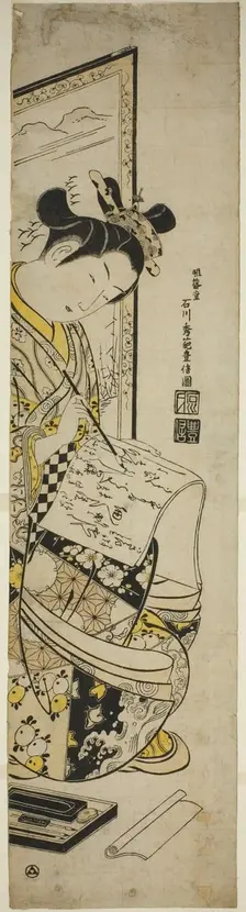 Woman Writing a Letter in Front of a Screen, early 1740s. Creator: Ishikawa Toyonobu