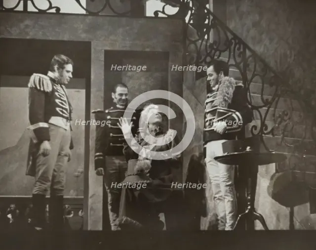 Woman talking to three men, 1938. Creator: Unknown.