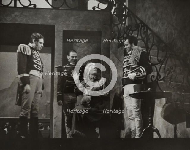 Woman talking to three men, 1938. Creator: Unknown.