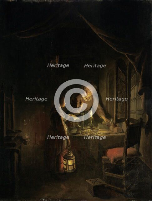 Woman Tidying the Supper Table, c1655-1660. Creator: Gerrit Dou.